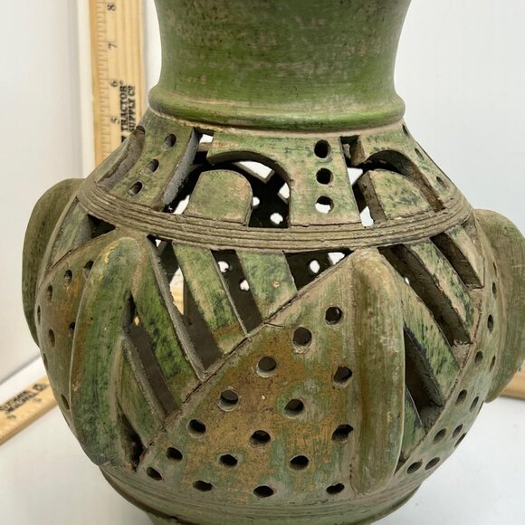Vintage Green Pottery Lantern Vase Pierced Ceramic Rustic Garden Decor - Picture 4 of 4